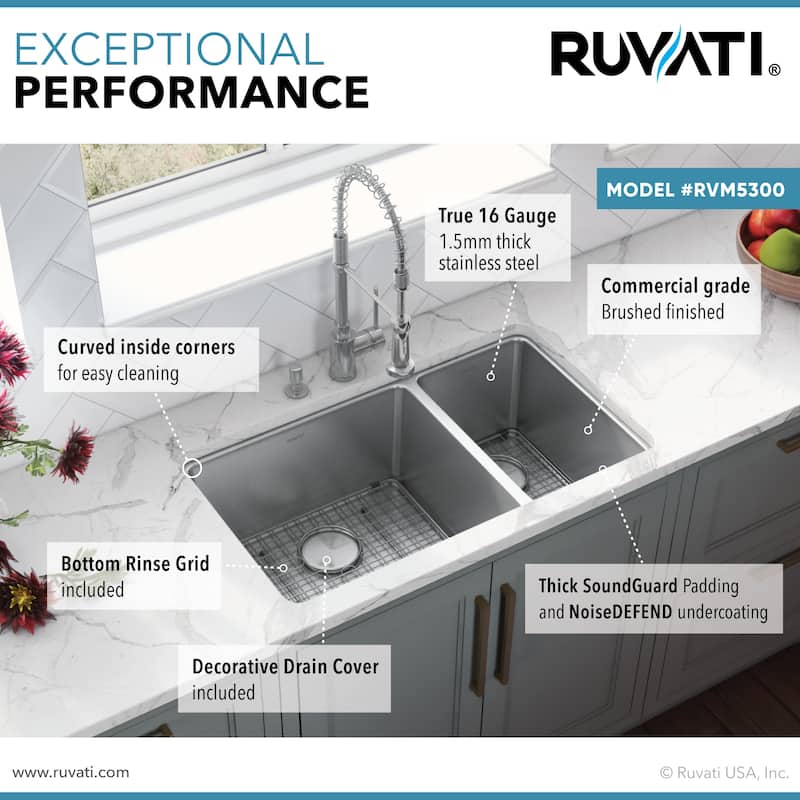 Ruvati 32-inch Undermount Kitchen Sink 70/30 Double Bowl 16 Gauge Stainless Steel - RVM5300 - 8' x 11'
