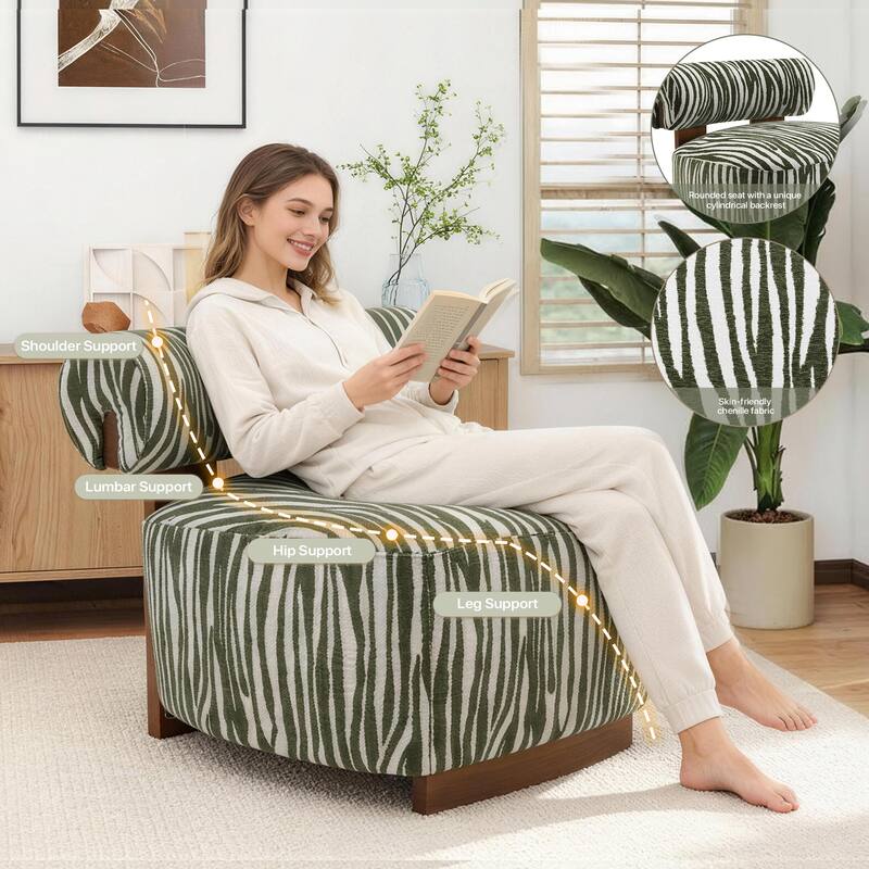 Rossetta Zebra-Striped Chenille Fabic Low Cylindrical Backrest Armchair with High-Quality Foam Cushion
