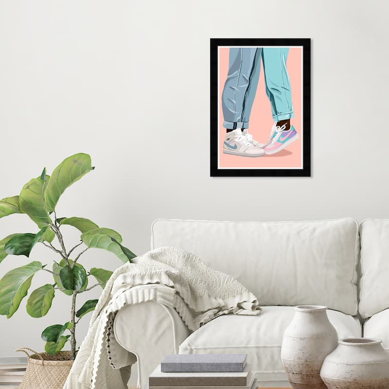 Wynwood Studio 'Sneaker Head Couple' Fashion and Glam Wall Art Framed Print Shoes - Pink, Blue - Black