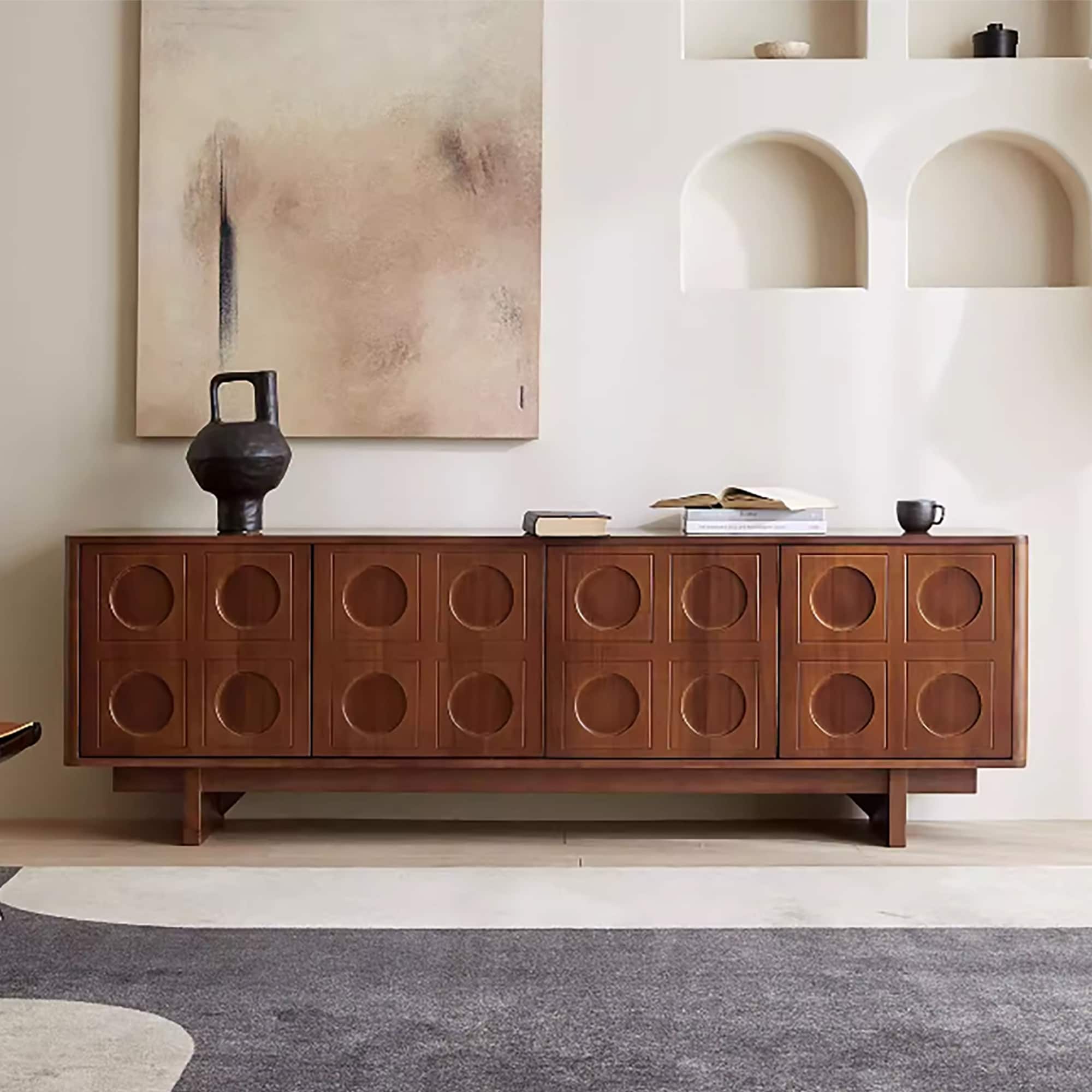 79" Mid-Century Brown TV Cabinet, Modern Media Console with Multi Compartments for Living Room