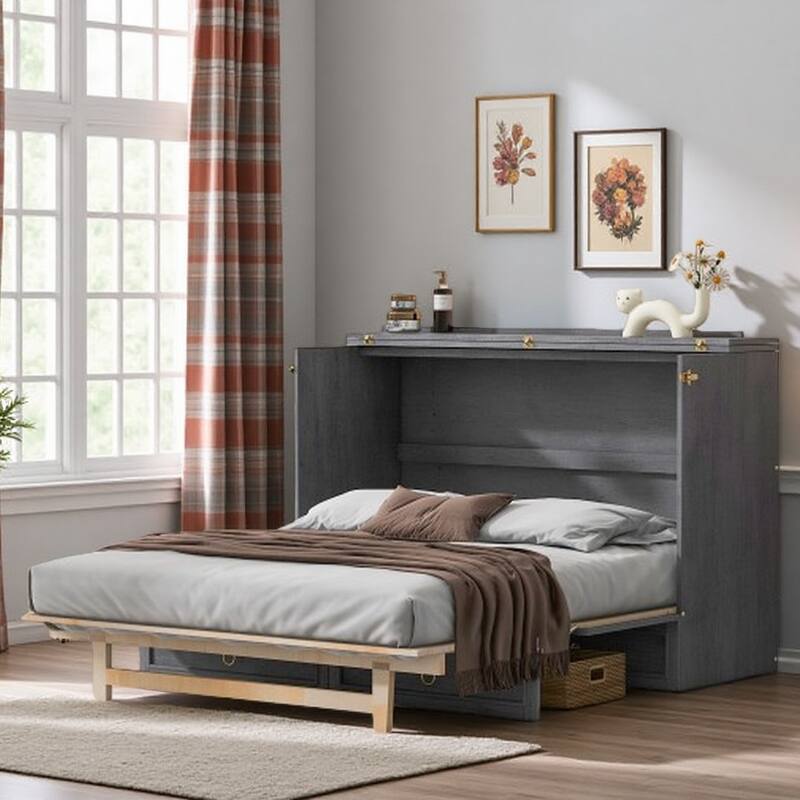 Queen Wall Bed with Built-In Storage Drawers and Rattan Panel Detail, Foldable Cabinet Style Platform Frame for Space Saving - QueenGray - Queen