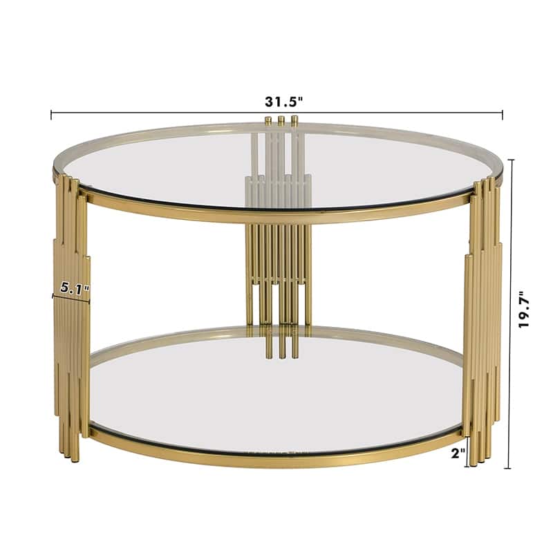 Living Room Table Set of 3, with 1 Coffee Table and 2 End Tables, Round, Tempered Glass, Asymmetrical Metal