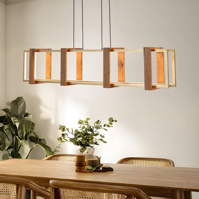 40 in. LED Rectangular Wood Chandelier Modern Pendant Light Fixture Dimmable Kitchen Chandeliers for Dinning Room