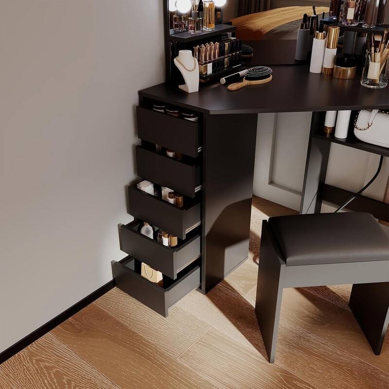 Corner Vanity Desk with Lighted Mirror and Stool, 5 Drawers, Charging Station