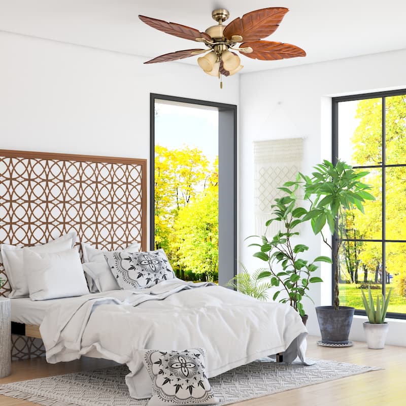 52" Honeywell Royal Palm Aged Brass LED Ceiling Fan with Light, Hand Carved Solid Wood Blades