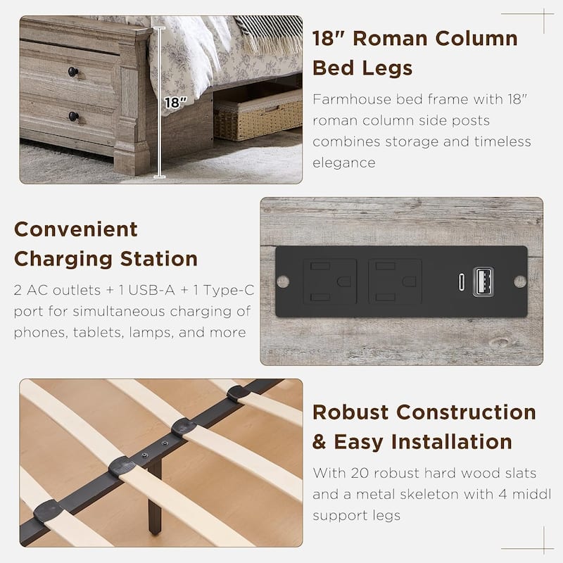 Farmhouse King Size Bed Frame with 54" Tall Storage Bookcase Headboard