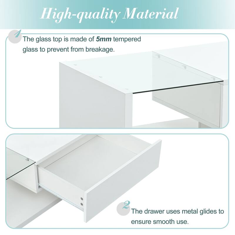 Modern Coffee Table w/ Tempered Glass Tabletop, Cocktail Table w/ High-gloss UV Surface, Modernist 2-Tier Rectangle Center Table