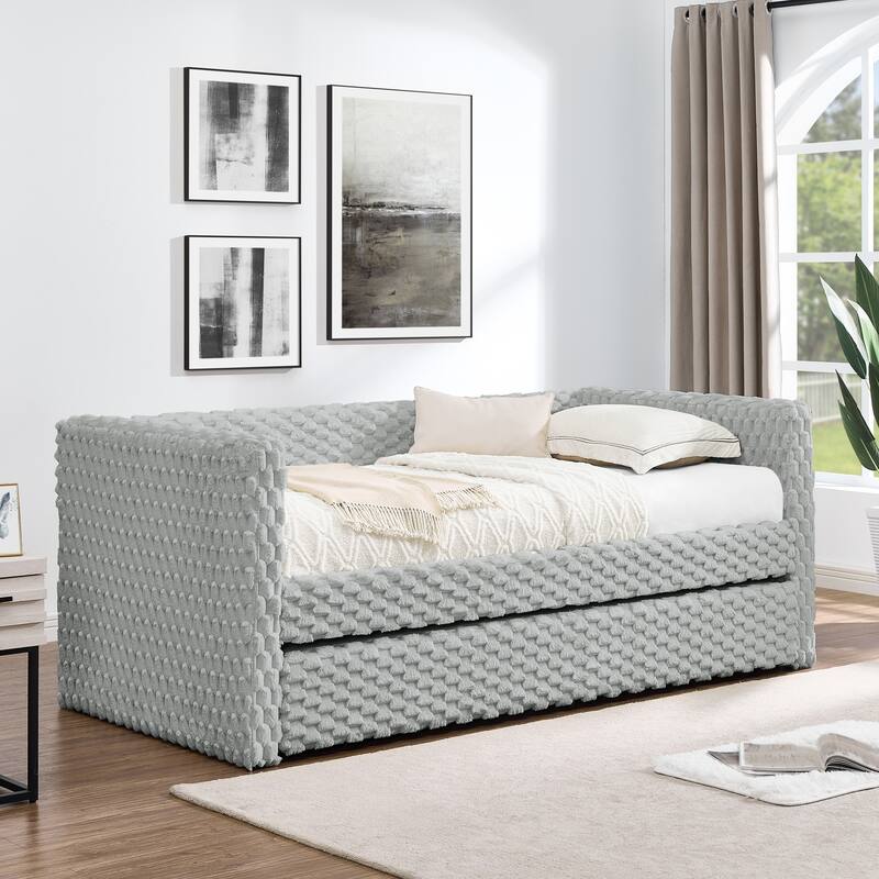 Roomfitters Twin Upholstered Daybed with Pull-Out Trundle, Corduroy Fabric Sofa Bed Frame for Living Room