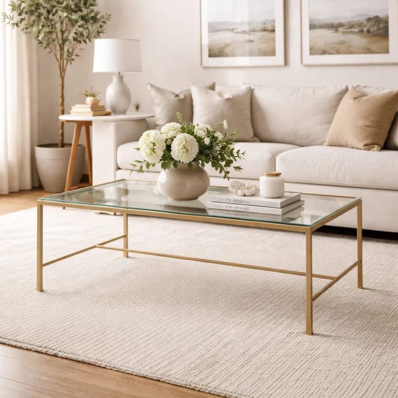 Ova Coffee Table, 47 Inch Rectangular Glass Top, Antique Gold Iron