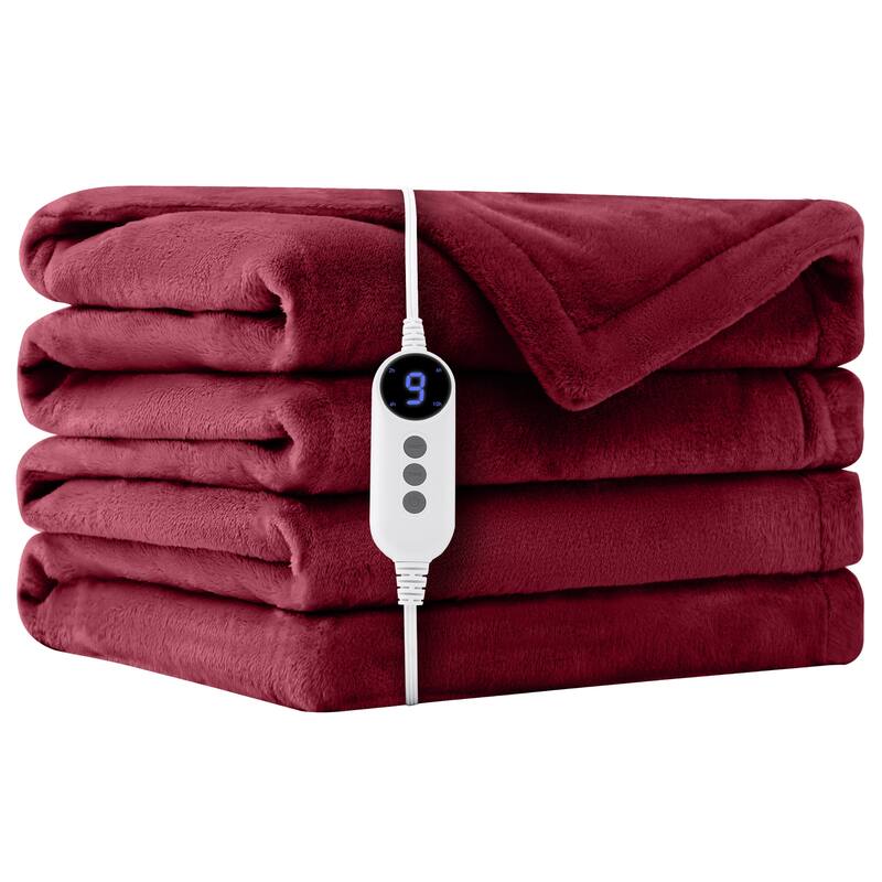 Reversible Flannel Electric Blanket, Heated Throw, Temperature and Timing Functions of a Controller - 62"*84" - Dark Red