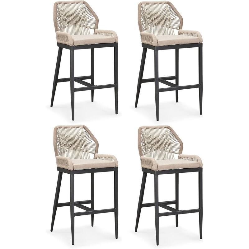 PURPLE LEAF Bar Stools Set of 4 Outdoor Bar Height Metal Stools Modern Wicker Rattan Barstools with Back Aluminum - Dark Grey-Twill-43.11"H