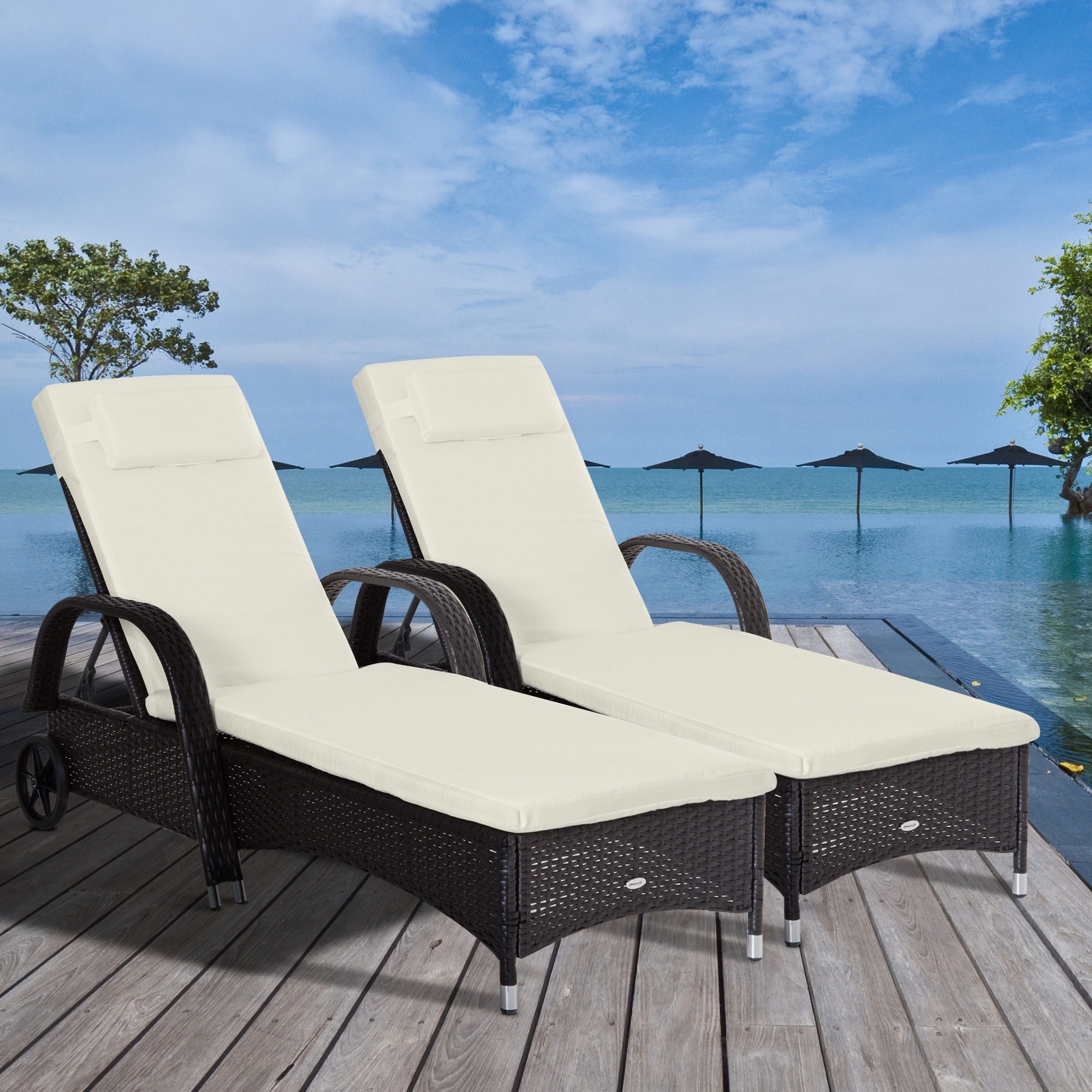 Outsunny Reclining Chaise Lounge Chair Thickly Cushioned Headrest Armrests Rolling Outdoor PE Rattan Sun Bathing Chair