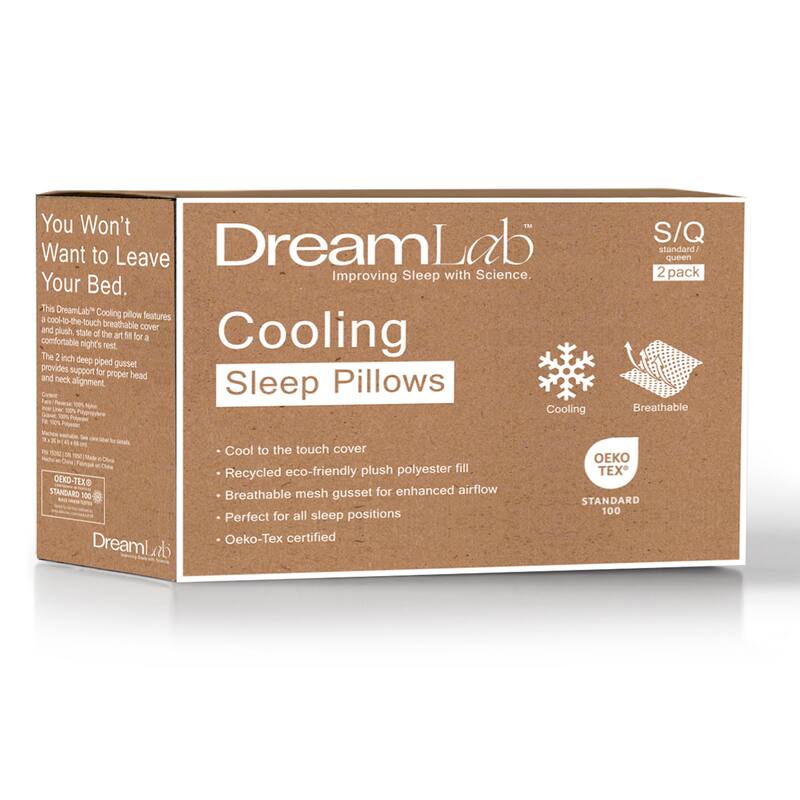 DreamLab Cooling Sleep Pillows for Back, Stomach or Side Sleepers, Set of 2 - White / Blue