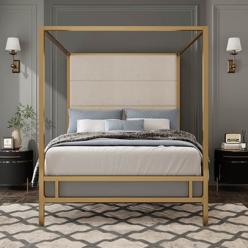 Metal 4-Poster Bed Frame Modern Canopy Upholstered Bed with Tall Upholstered Headboard - Gold - King