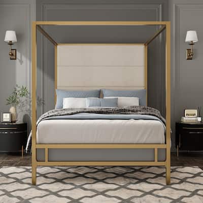 Metal Canopy Bed with Velvet Fabric Upholstered Headboard