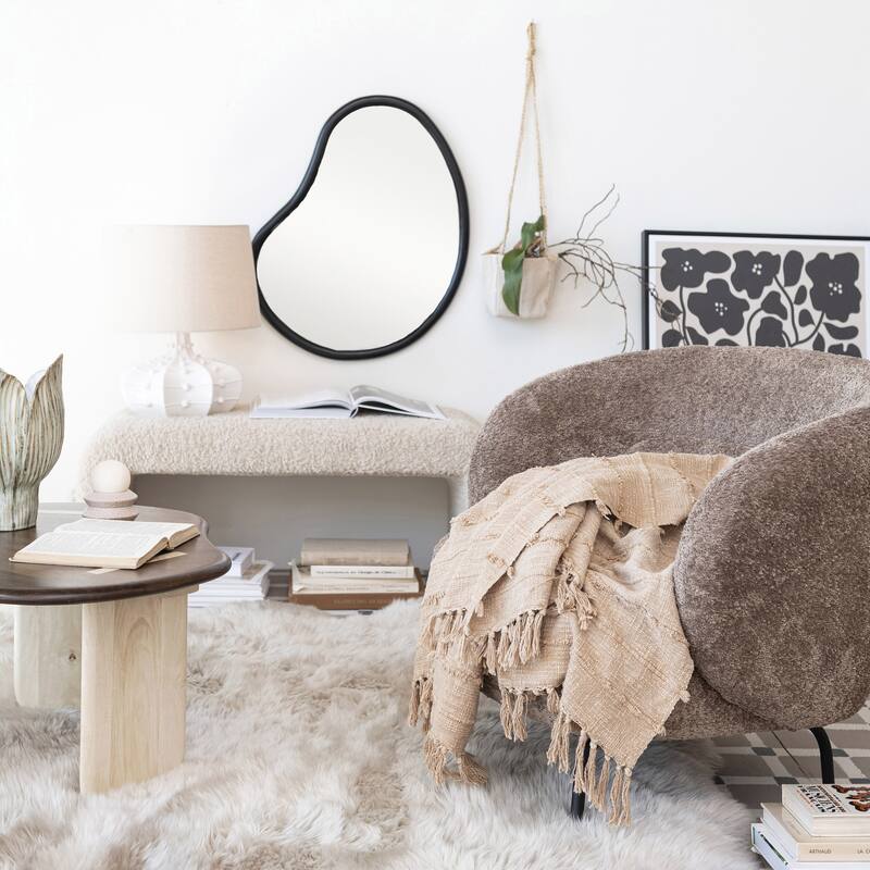 Stonewashed Woven Cotton Slub Throw with Pom Pom Trim and Fringe