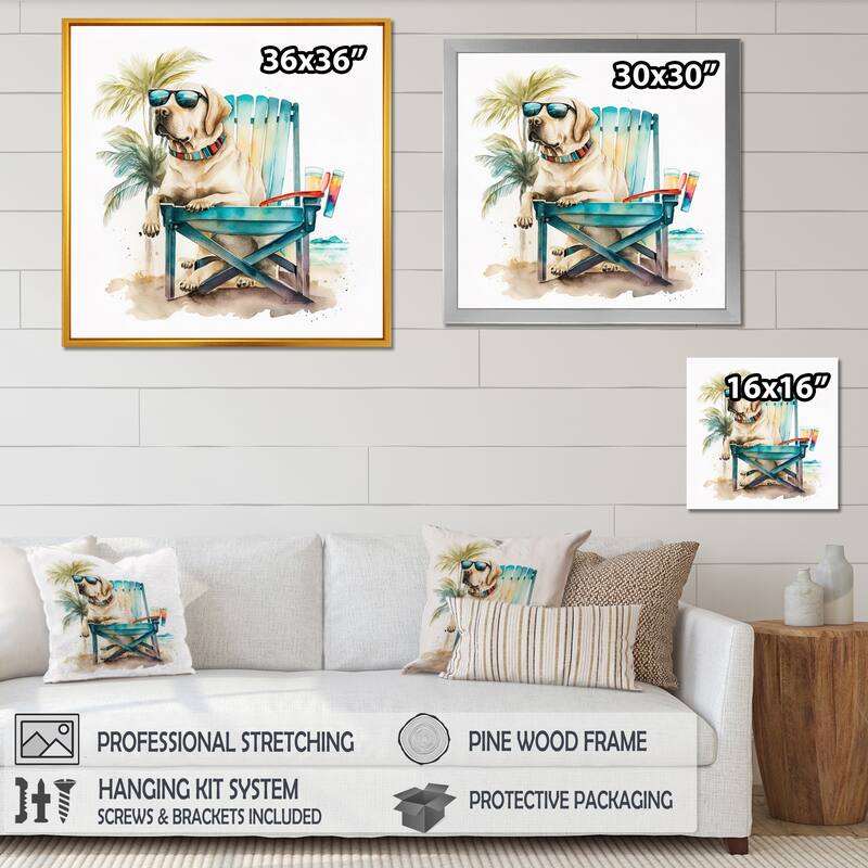 Designart 'Dog On Chair At The Beach II' Animals Canvas Wall Art