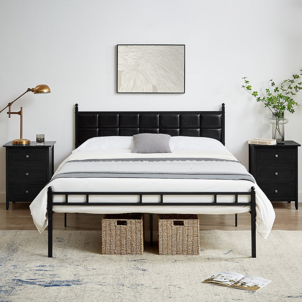 Javlergo Metal Platform Bed Frame Black PU Leather Square Tufted Bed Heavy-Duty Metal Bed Frame No Box Spring Needed