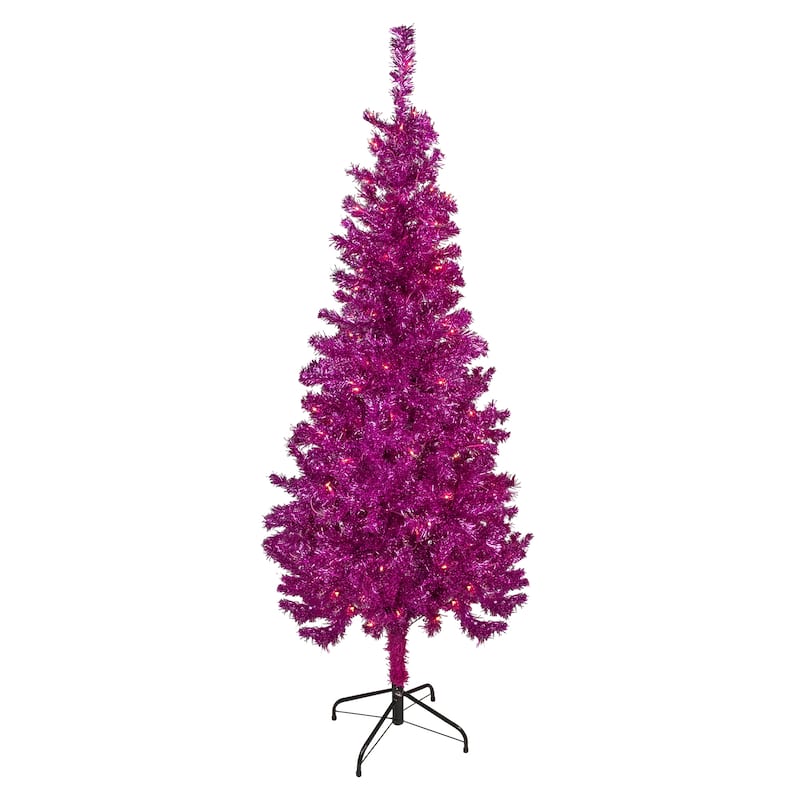 Pre-Lit Pink Artificial Tinsel Christmas Tree Clear Lights - 6 Foot
