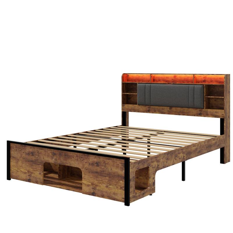 Brown Queen Size Platform Bed with Upholstered Headboard,Charging Station and LED