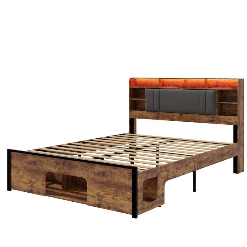 Queen bed Frame with Upholstered Headboard and Wood Platform,Storage Headboard with Charging Station and LED