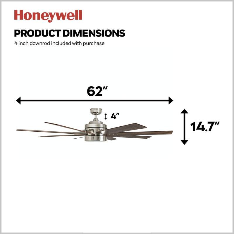 Honeywell Xerxes Brushed Nickel LED Remote Control Ceiling Fan, 8 Blade, Integrated Light - 62-inch