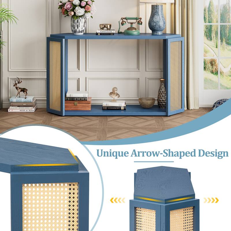 Arrow-Shaped Design Console Table Entryway Table with Open Shelf, Rattan Sofa Table Accent Table for Living Room Hallway - Antique Blue