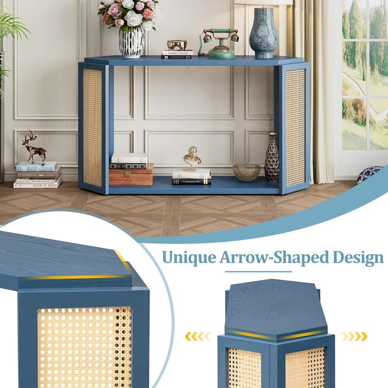 Narrow Console Table with Hexagon Top Design and Rattan Accent, 53.54" Solid Wood Entryway Sofa Table with Open Bottom Shelf