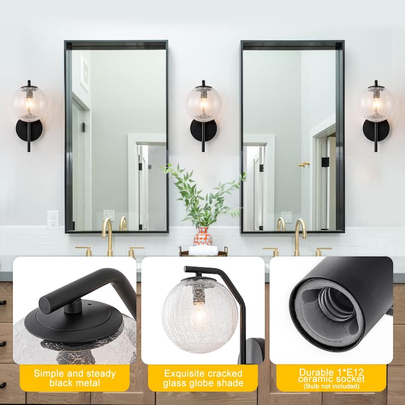 Modern Matte Black Metal Wall Sconce Round Clear Cracked Glass Shade