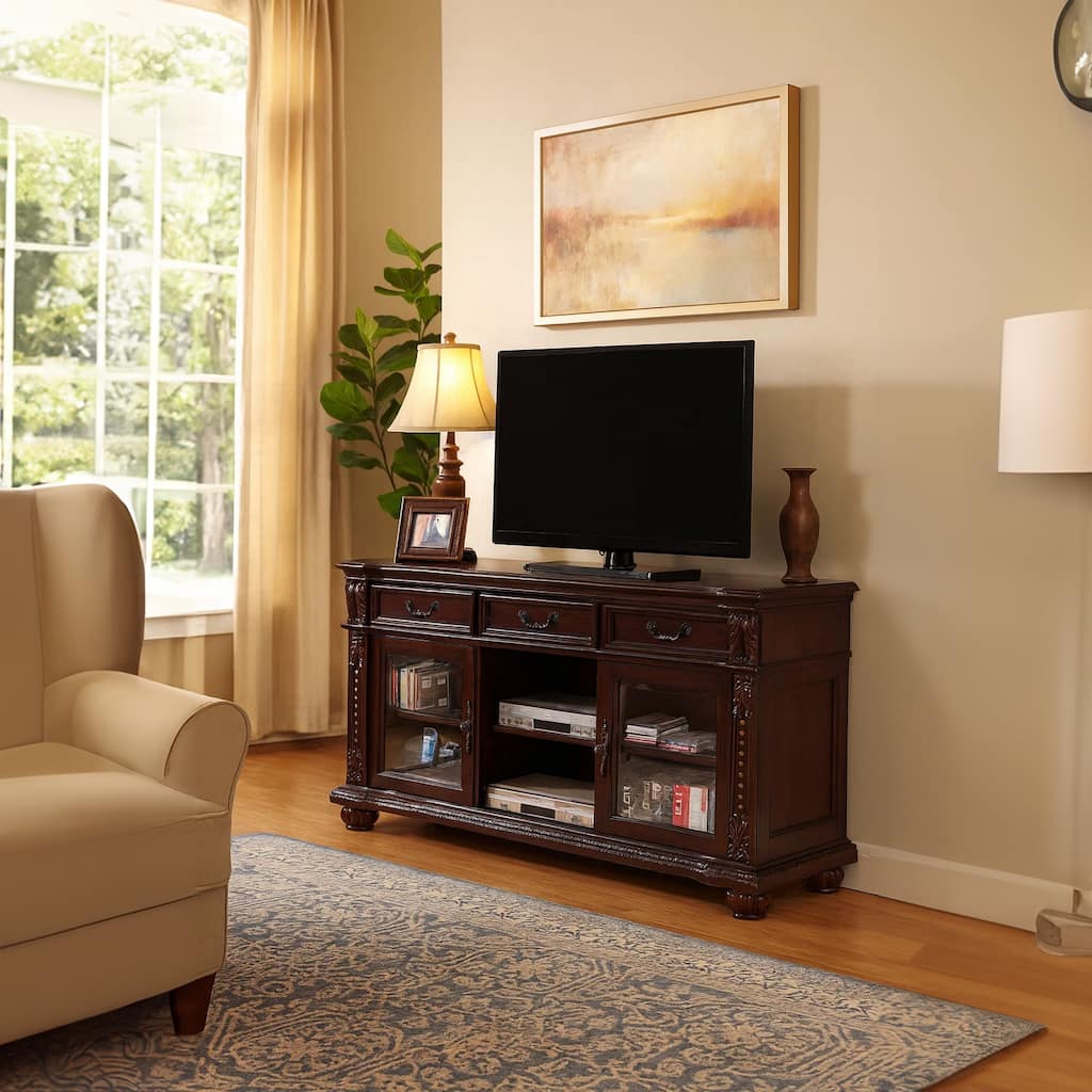 Spacious Poplar Wood TV stand with Traditional Carvings, Brown