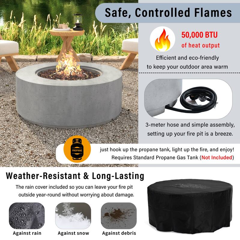 38.2" Round Outdoor Propane Fire Pit, Outside Fire Pit Table with 50000 BTU, Steel Burner, Lava Rocks, Waterproof Cover