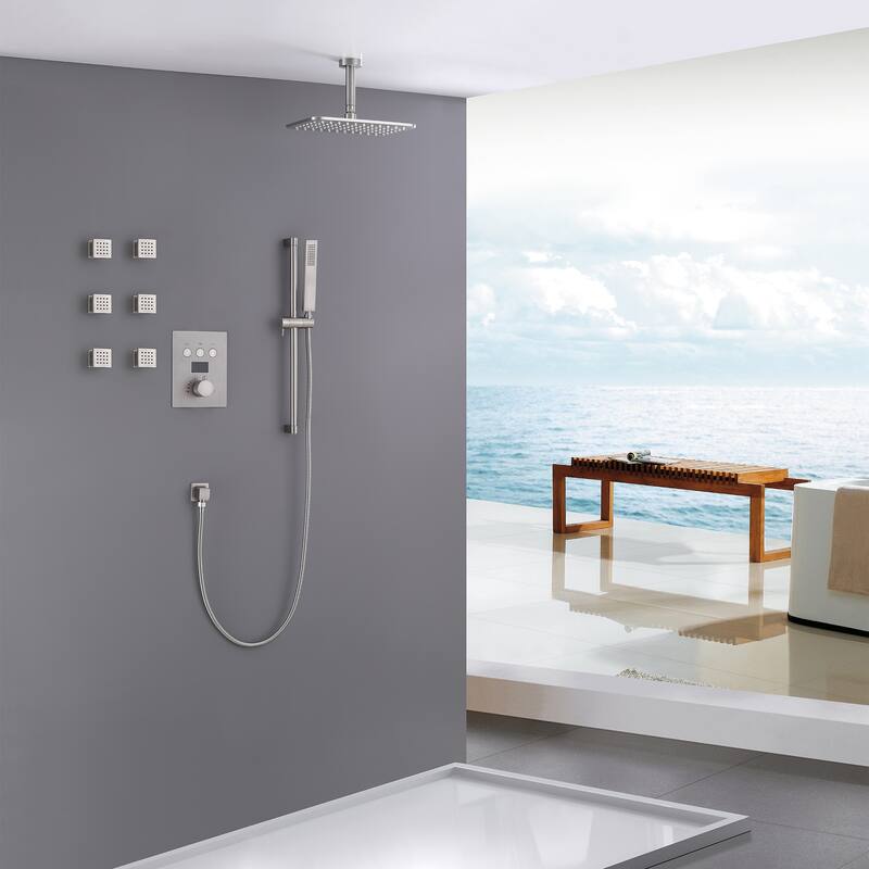 Thermostatic Double-Handle 3-Spray Shower System With High Pressure 6-Jet (Valve Included) - Brushed Nickel