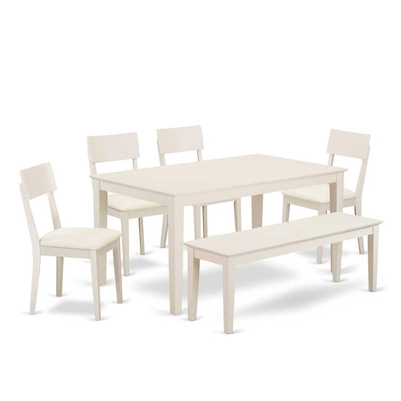 Nordic Kitchen Table Set - 6 Piece Dining Table with Bench & Chairs - Linen White Farmhouse Style