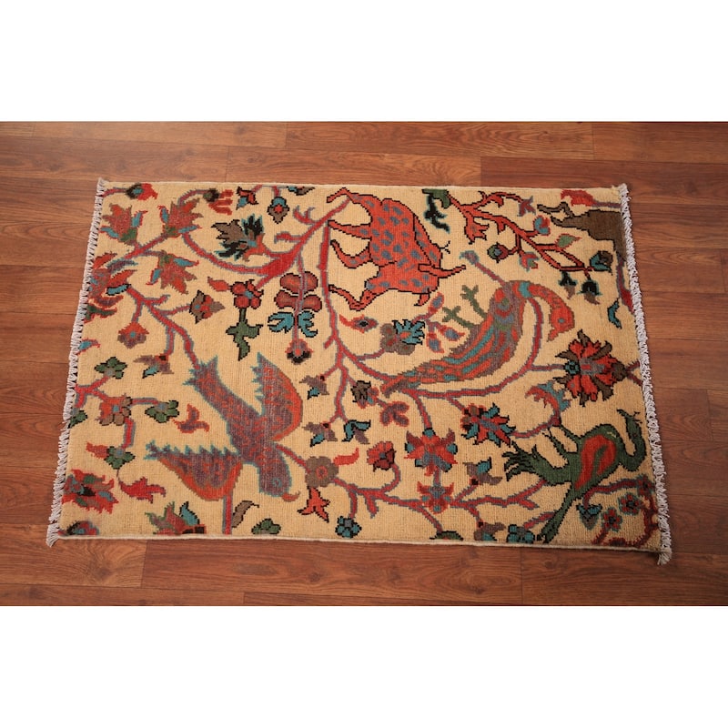 All-Over Animals Design Kazak Oriental Rug Hand-Knotted Wool Carpet - 2'0" x 3'0"