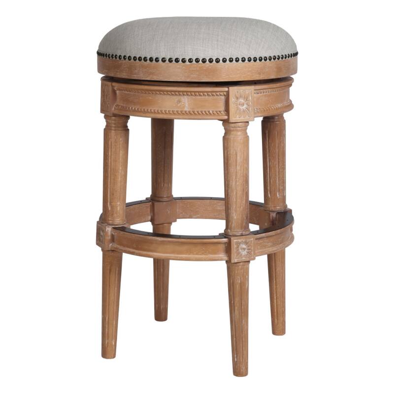 Linen Round Wood Swivel Stool with Nail Head Trim, Backless and Footrest - Beige 31"