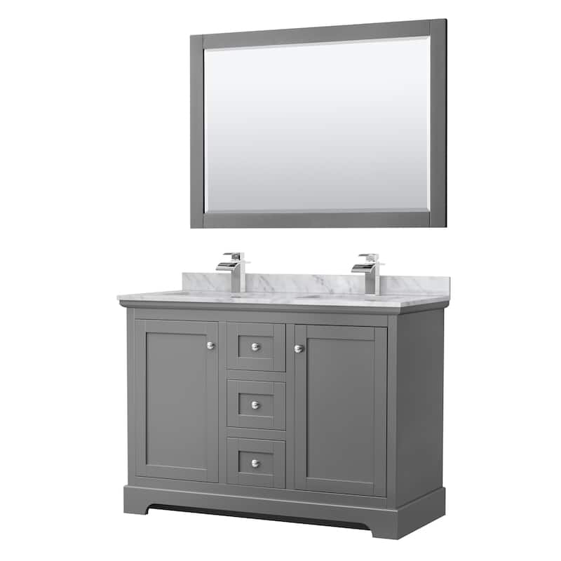 Avery 48-Inch Double Vanity Set with Square Sinks, 46-Inch Mirror - Dark Gray, Chrome Trim, White Carrara Marble Top