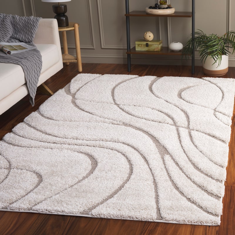 SAFAVIEH Florida Shag Staka Abstract Waves 1.2-inch Area Rug - 3'3" x 5'3" - Cream/Beige