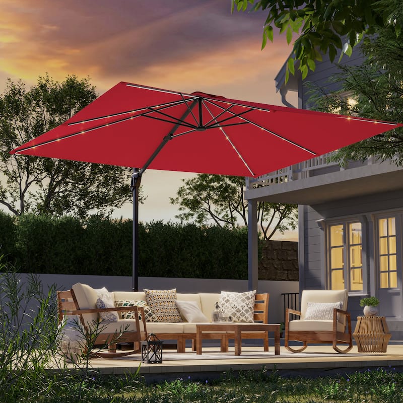 LIVOOSUN 10x8ft LED Rectangle Cantilever Umbrella Patio Offset Umbrella For Outdoor Space, Solution-Dyed Fabric, 360° Rotation - Red