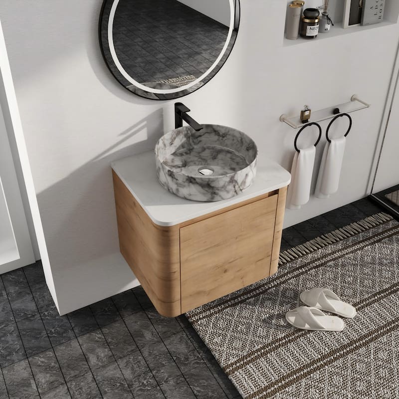 Malwee 24"/30" Floating Bathroom Vanity, Wall Mounted Bathroom Vanity with Ceramic Sink and Soft Close Door - 23.6"×18.5"×24.4" - Brown-White with grey patterns