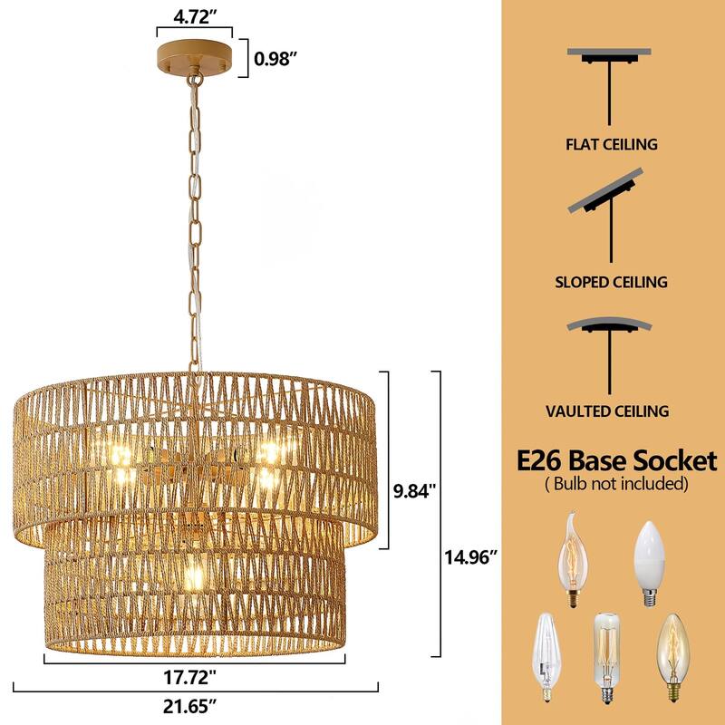 Dimmable 4 - Light Hand - Woven Bohemian Drum Chandelier