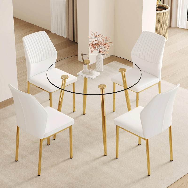5-Piece Small Dining Table Set for 4, Modern Round Glass Table with 4 Faux Leather Dining Chairs for Small Spaces