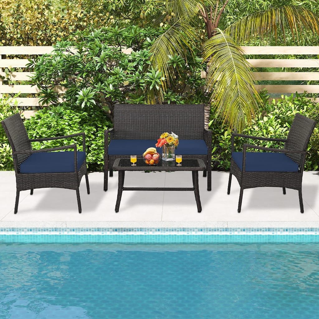 Gymax 4 Pieces Outdoor Patio PE Wicker Sofa w/ Tempered Glass Coffee