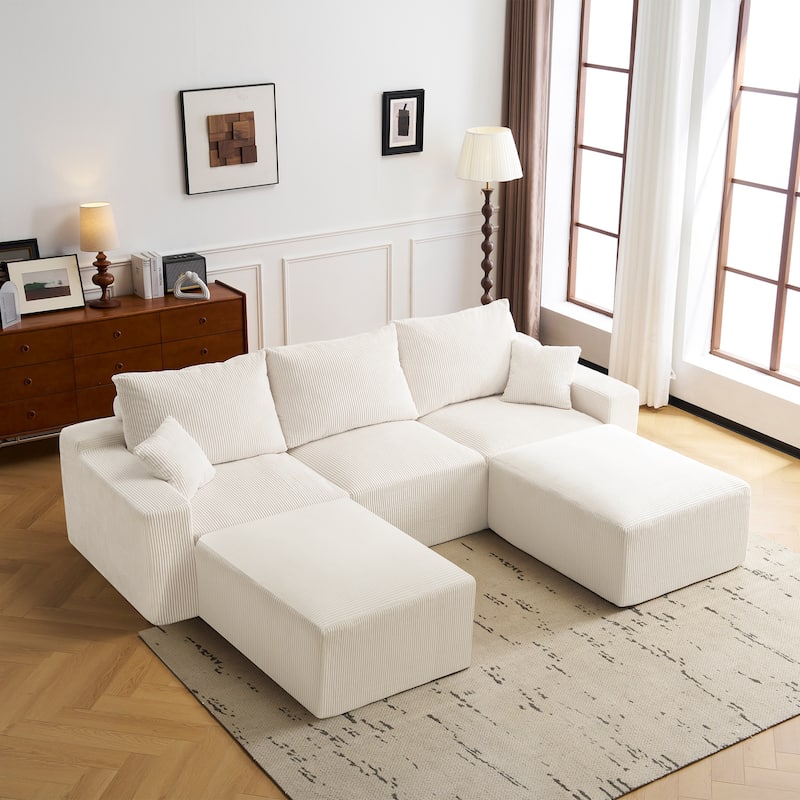110" Full-Compression Corduroy Ultra-Soft Deep Seat 3-Seater Sectional Sofa for Living Room - Beige(3 Seat+2 Ottomans)