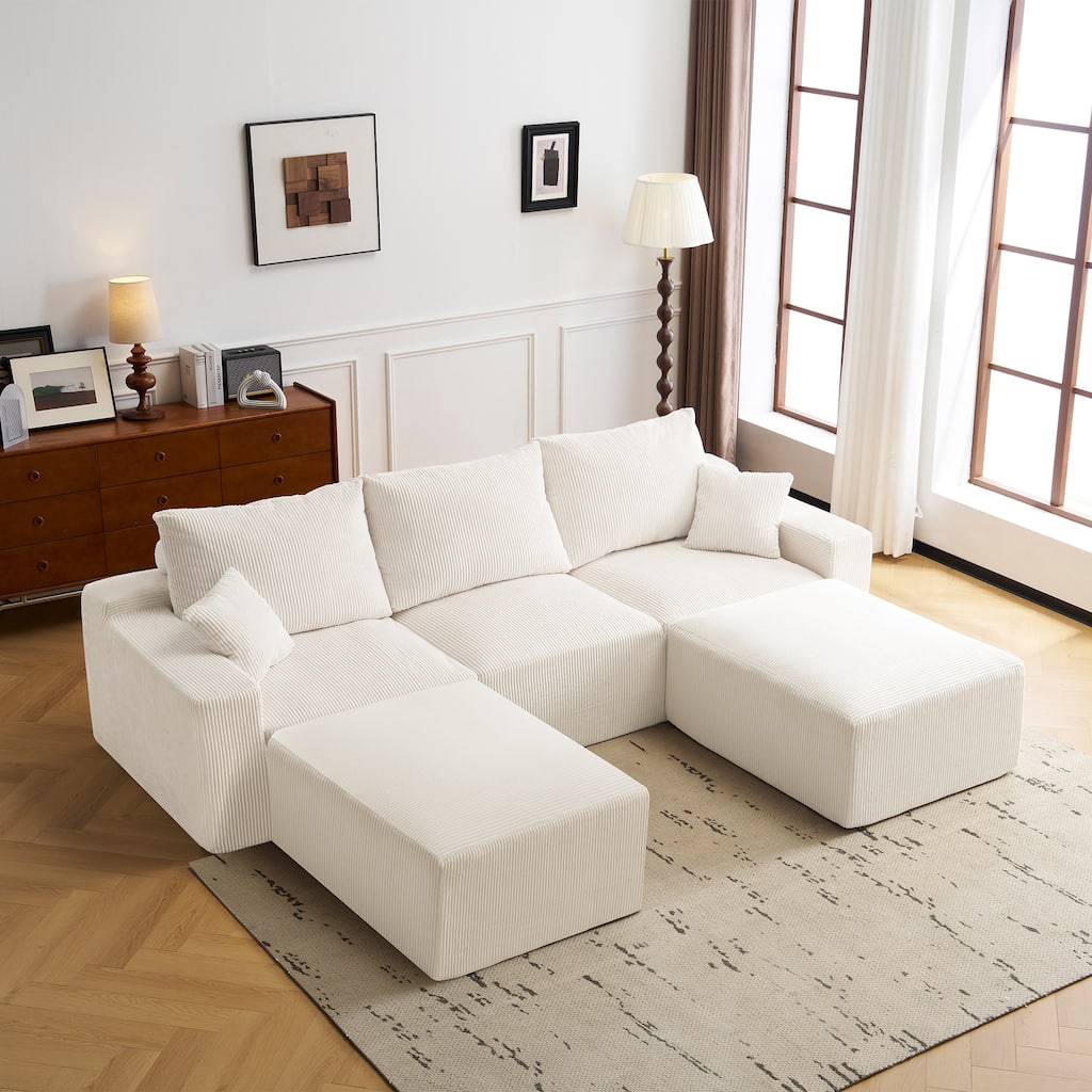 110" L-Shaped Modular Sectional Sofa 3-Seater Corduroy Couch with 2 Ottoman and 2 Pillows