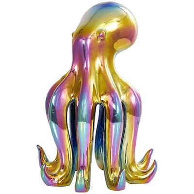 Ceramic Octopus Tall Standing Decorative Sculpture with Rainbow Shimmer Finish - Multi Colored - Roche River Decor