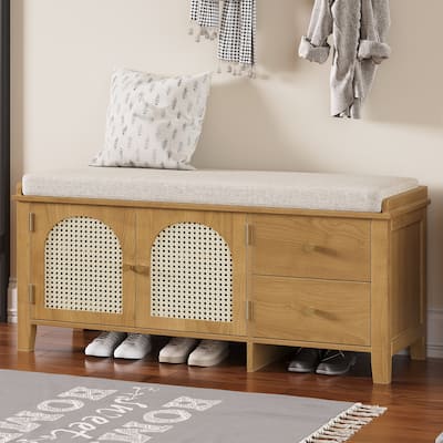 Storage Entryway Bench Wooden Shoe Bench with 2 Drawers, 2 Rattan Door & Removable Cushion for Living Room Entryway Hallway