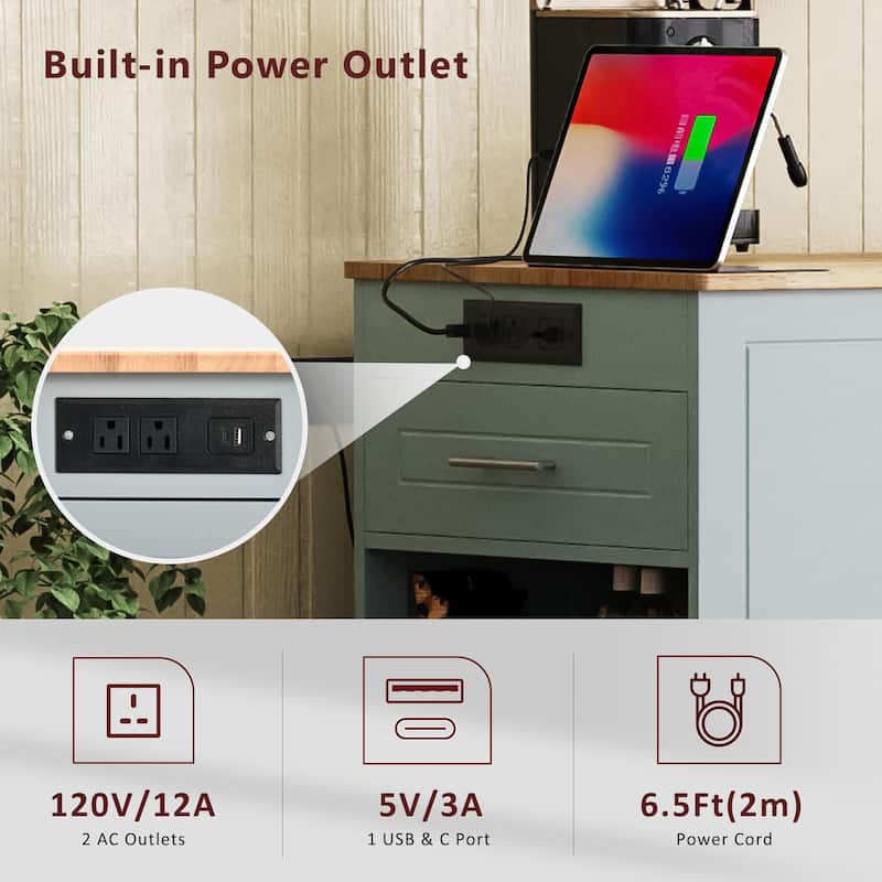 Fluted Kitchen Island with Trash Can Storage Cabinet, Power Outlet, Internal Storage Rack, Rolling Kitchen Islands