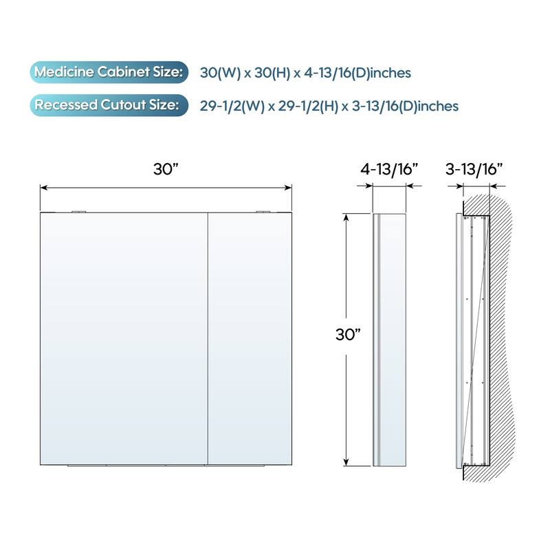 Recessed or Surface Wall Mount Bathroom Medicine Cabinet With Adjustable Glass Shelves