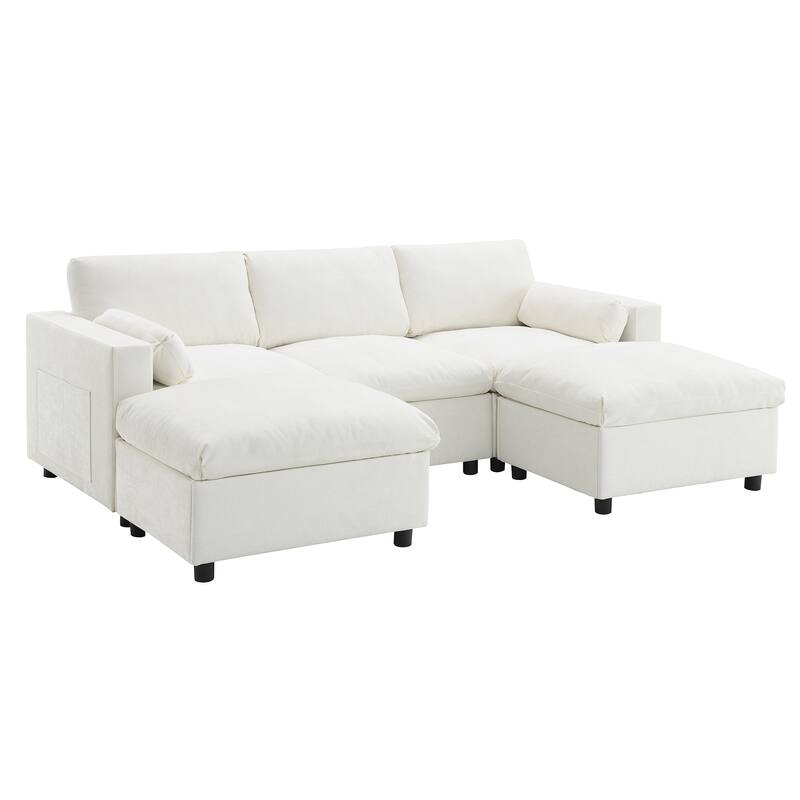 86.5" Chenille Modular Sofa with Storage Pockets, Movable Ottomans