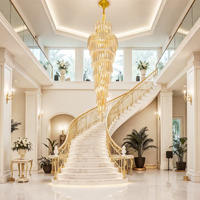 Extra Large Long Grand Spiral Crystal Chandelier Ceiling LED Tiered Pendant Light with Gold Frame